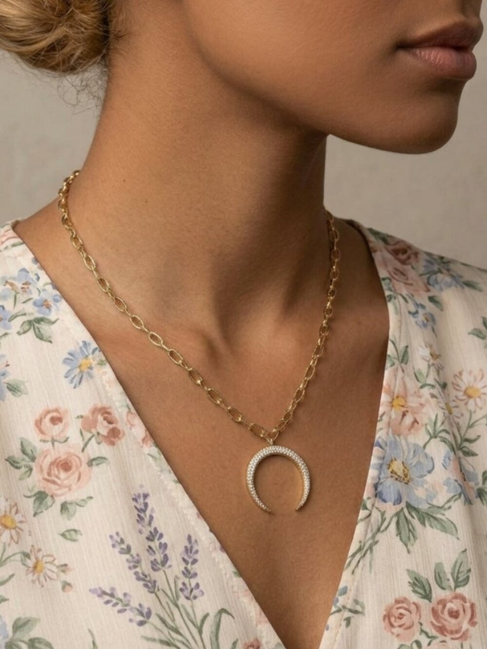 Anna & Ava 18K Gold-Plated CZ Crescent Moon Horn Necklace NWT